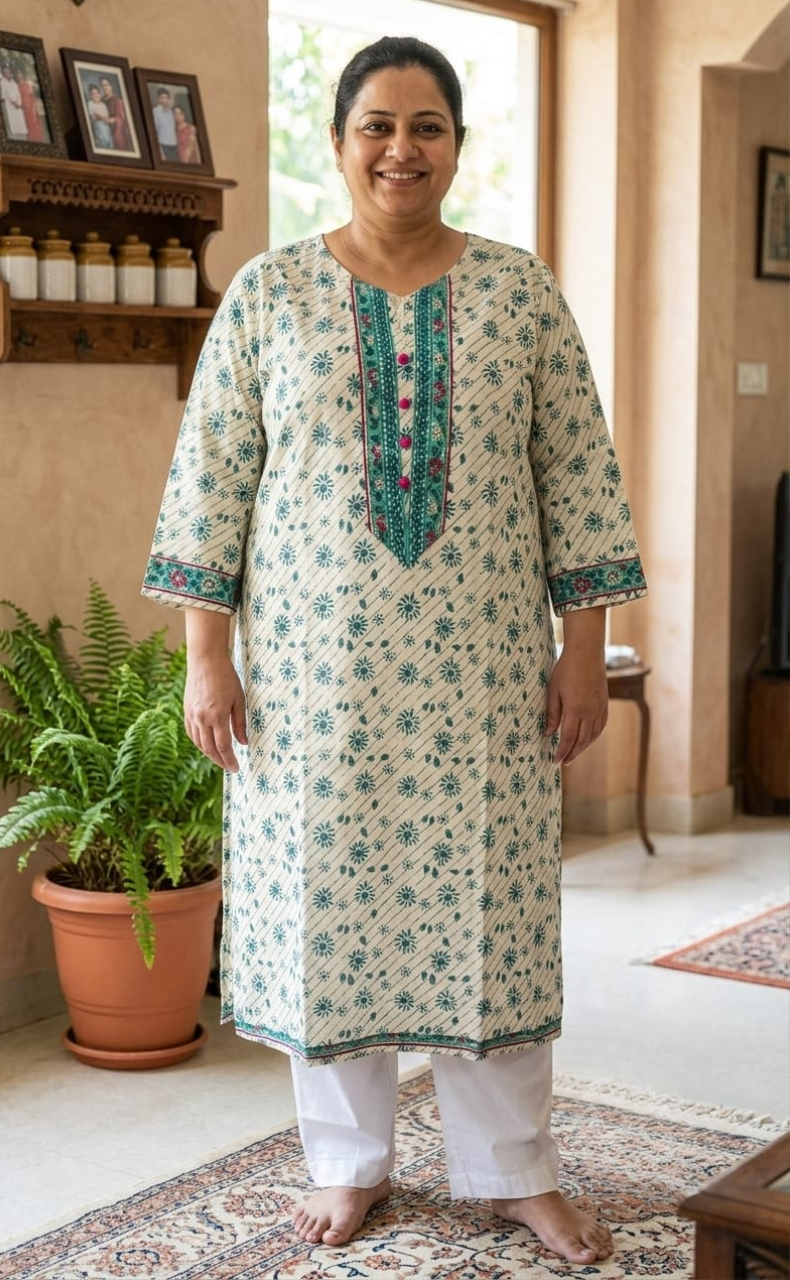 White/Sea Green Flora Jaipuri Cotton Kurti. Pure Versatile Cotton. | Laces and Frills
