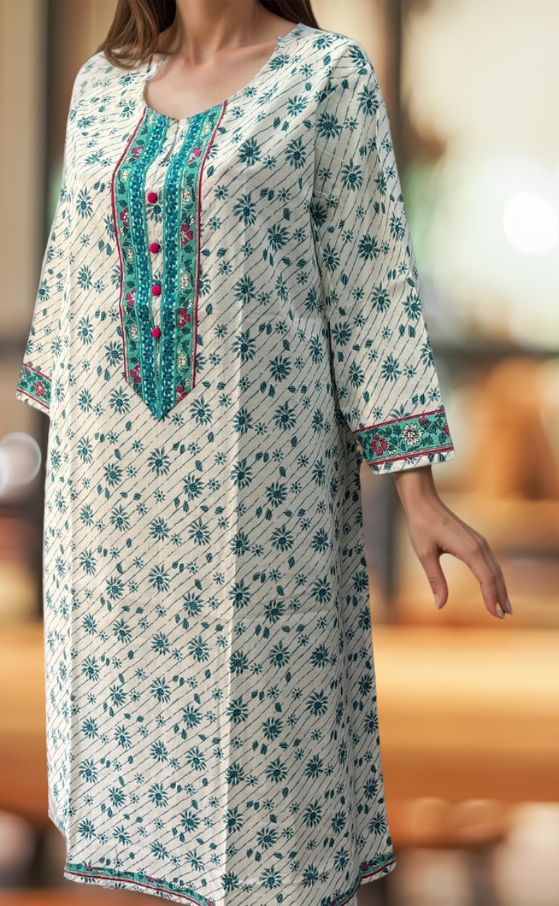 White/Sea Green Flora Jaipuri Cotton Kurti. Pure Versatile Cotton. | Laces and Frills - Laces and Frills