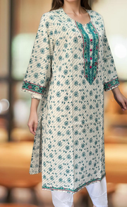 White/Sea Green Flora Jaipuri Cotton Kurti. Pure Versatile Cotton. | Laces and Frills - Laces and Frills