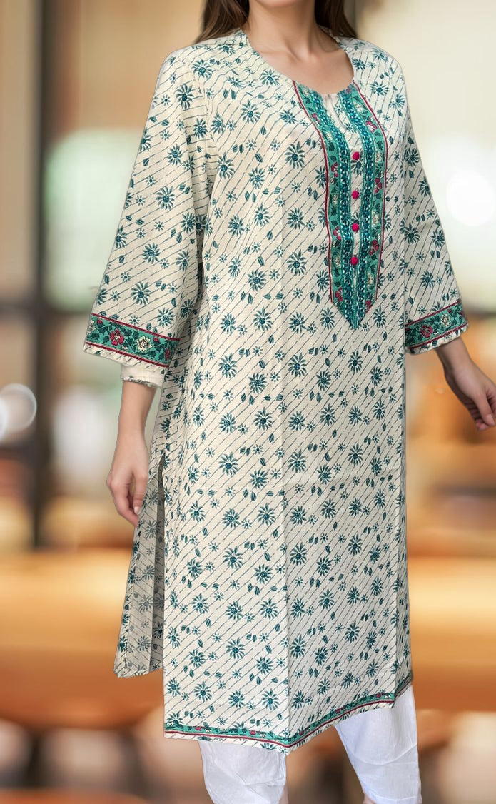 White/Sea Green Flora Jaipuri Cotton Kurti. Pure Versatile Cotton. | Laces and Frills - Laces and Frills