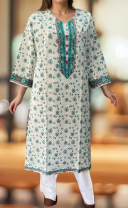 White/Sea Green Flora Jaipuri Cotton Kurti. Pure Versatile Cotton. | Laces and Frills - Laces and Frills