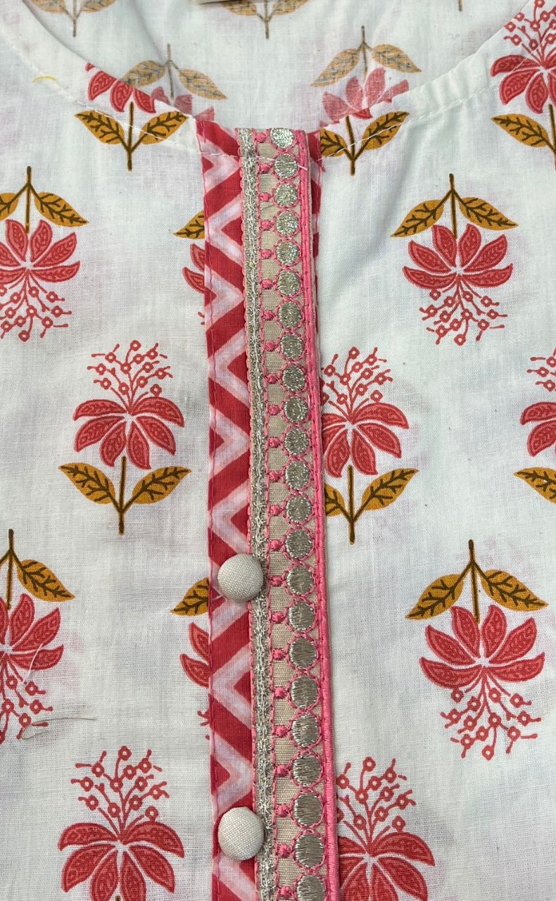 White/Peach Floral Jaipuri Cotton Kurti. Pure Versatile Cotton. | Laces and Frills - Laces and Frills