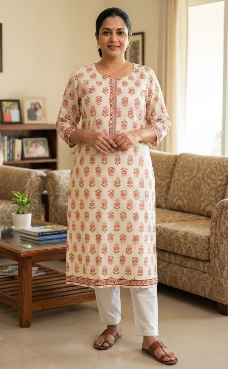 White/Peach Floral Jaipuri Cotton Kurti. Pure Versatile Cotton. | Laces and Frills