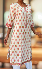 White/Peach Floral Jaipuri Cotton Kurti. Pure Versatile Cotton. | Laces and Frills - Laces and Frills