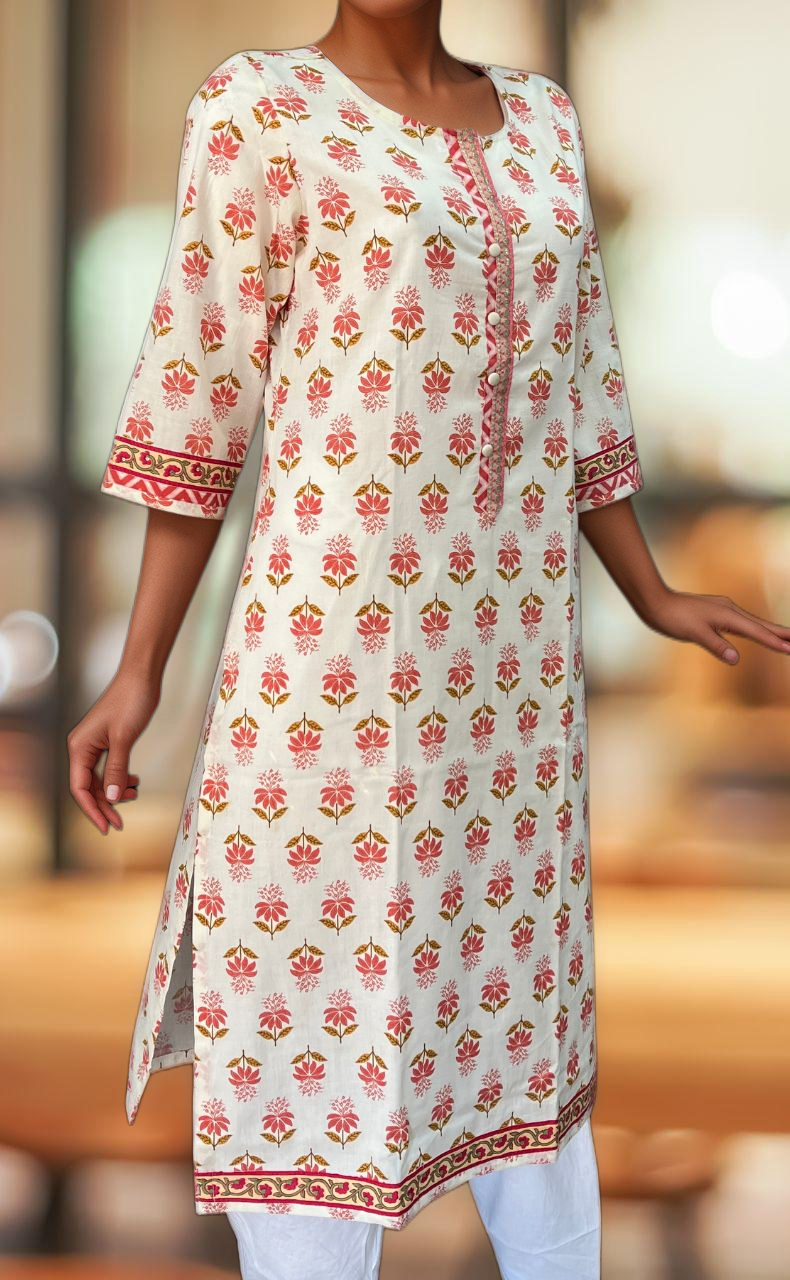 White/Peach Floral Jaipuri Cotton Kurti. Pure Versatile Cotton. | Laces and Frills - Laces and Frills
