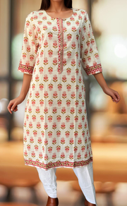 White/Peach Floral Jaipuri Cotton Kurti. Pure Versatile Cotton. | Laces and Frills - Laces and Frills