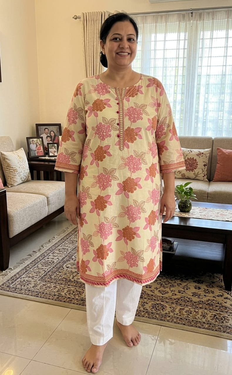 Off White/Pink Floral Jaipuri Cotton Kurti. Pure Versatile Cotton. | Laces and Frills