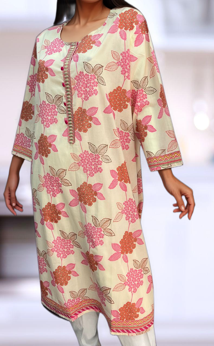 Off White/Pink Floral Jaipuri Cotton Kurti. Pure Versatile Cotton. | Laces and Frills - Laces and Frills