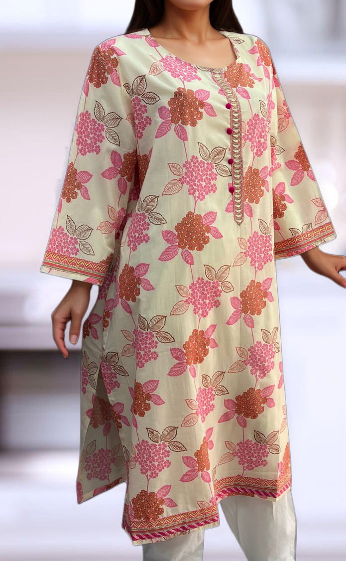 Off White/Pink Floral Jaipuri Cotton Kurti. Pure Versatile Cotton. | Laces and Frills - Laces and Frills