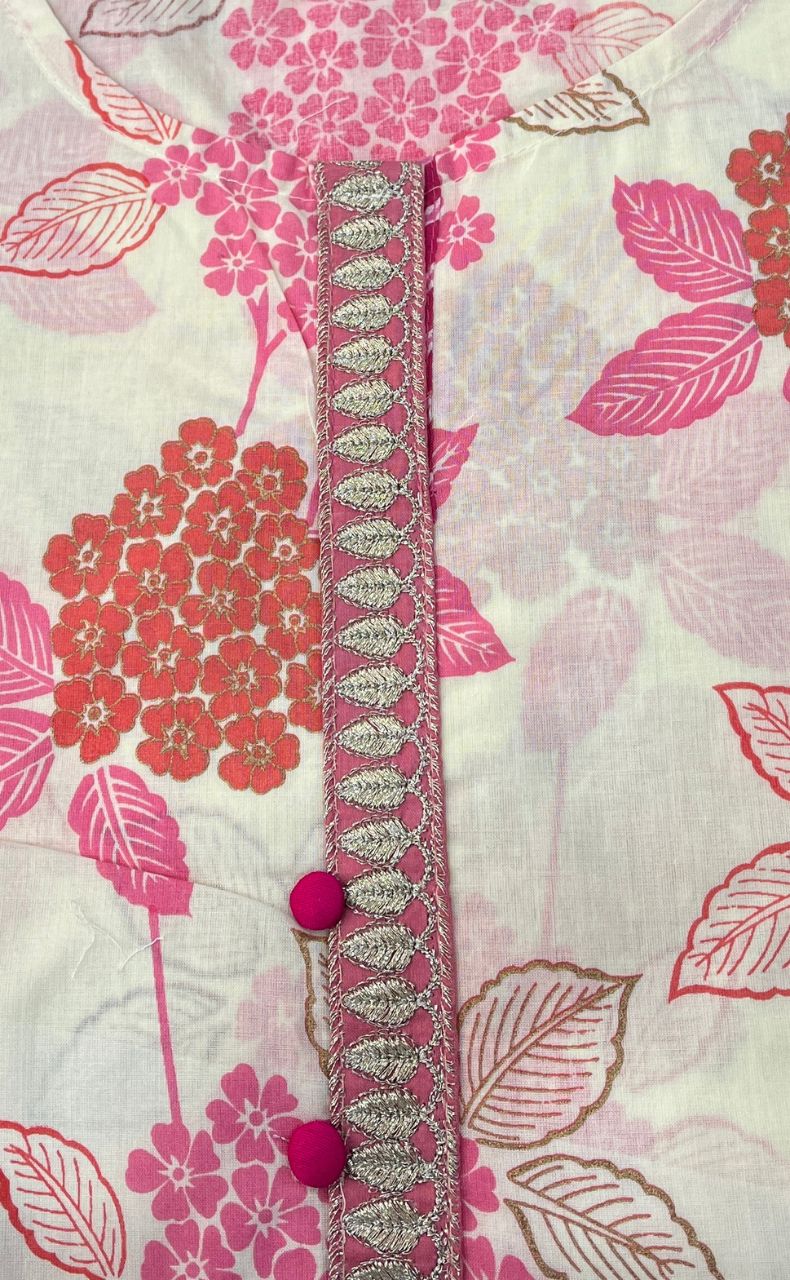 Off White/Pink Floral Jaipuri Cotton Kurti. Pure Versatile Cotton. | Laces and Frills - Laces and Frills