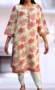 Off White/Pink Floral Jaipuri Cotton Kurti. Pure Versatile Cotton. | Laces and Frills - Laces and Frills