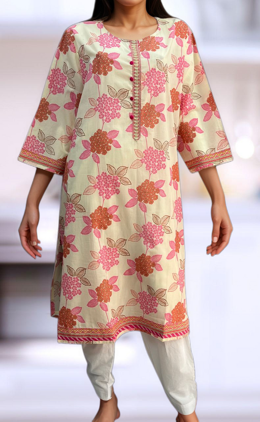 Off White/Pink Floral Jaipuri Cotton Kurti. Pure Versatile Cotton. | Laces and Frills - Laces and Frills