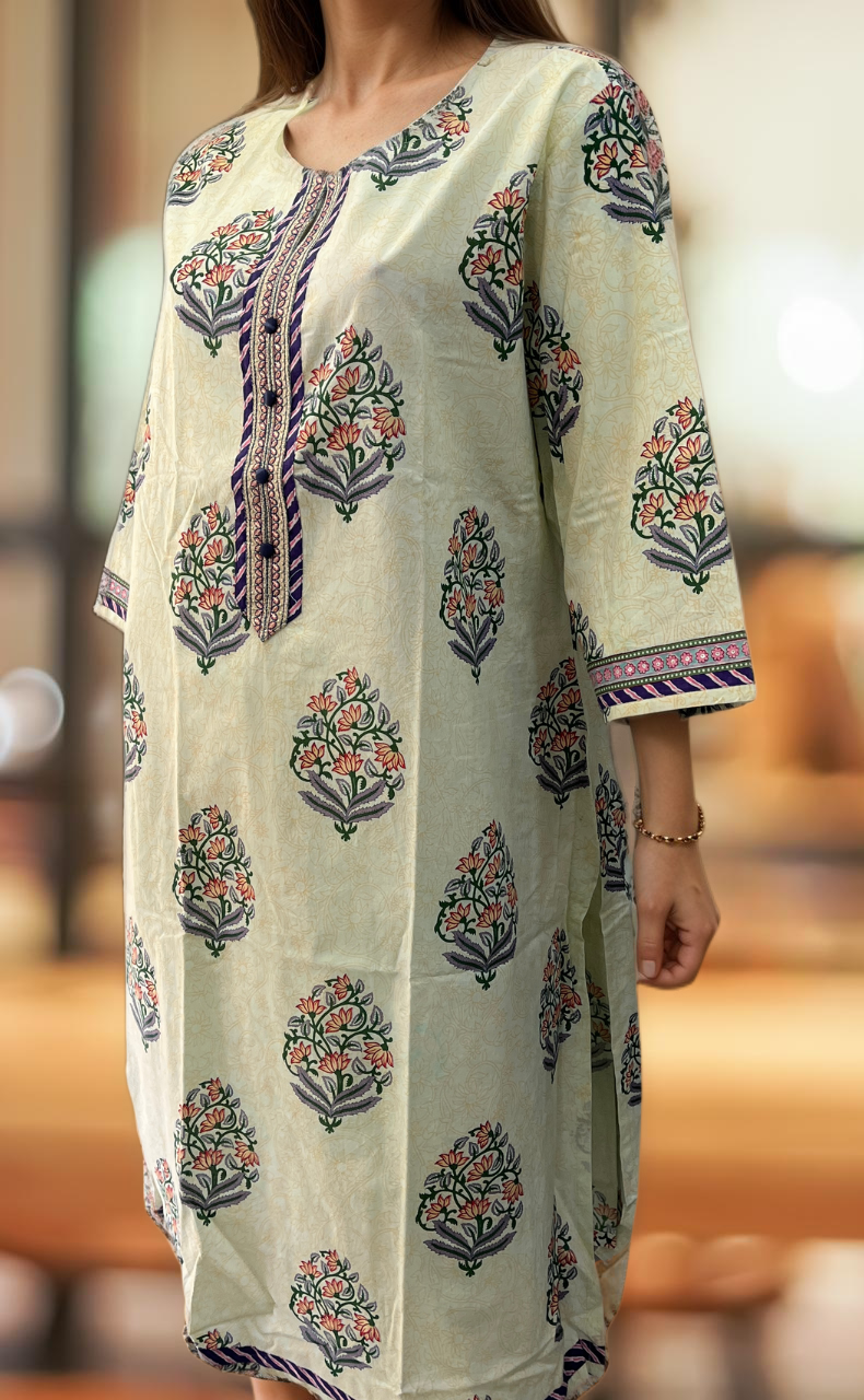 Off White/Purple Jaipuri Cotton Kurti. Pure Versatile Cotton. | Laces and Frills - Laces and Frills