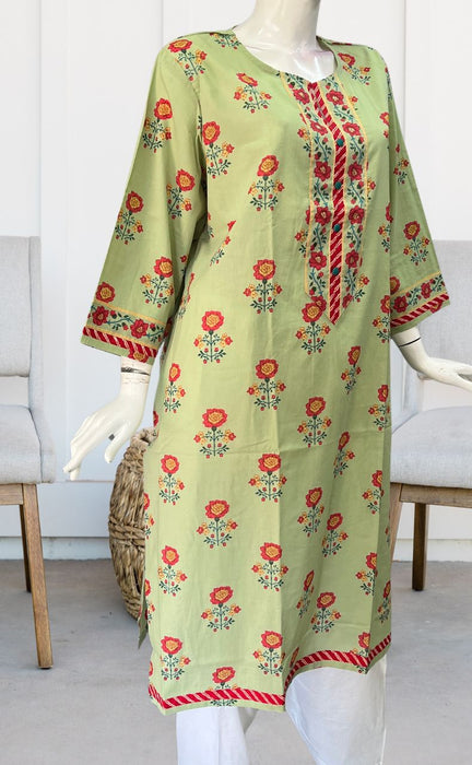 Pista Green/Red Floral Jaipuri Cotton Kurti. Pure Versatile Cotton. | Laces and Frills - Laces and Frills