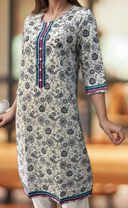 White/Navy Blue Garden Jaipuri Cotton Kurti. Pure Versatile Cotton. | Laces and Frills - Laces and Frills