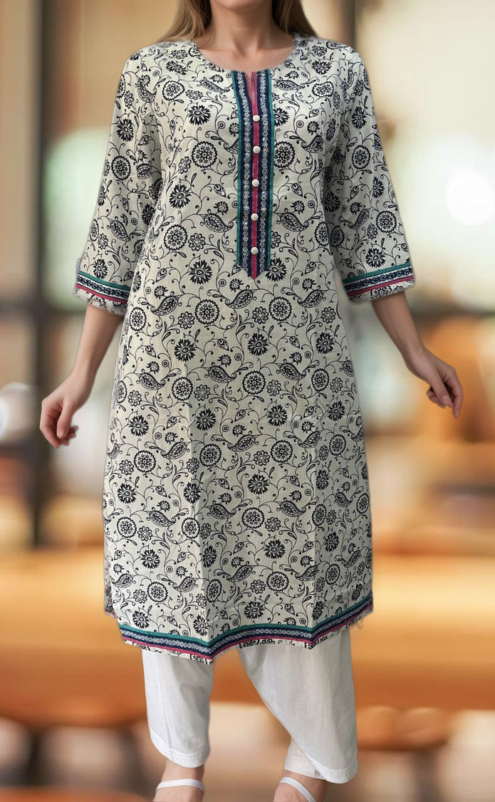 White/Navy Blue Garden Jaipuri Cotton Kurti. Pure Versatile Cotton. | Laces and Frills - Laces and Frills