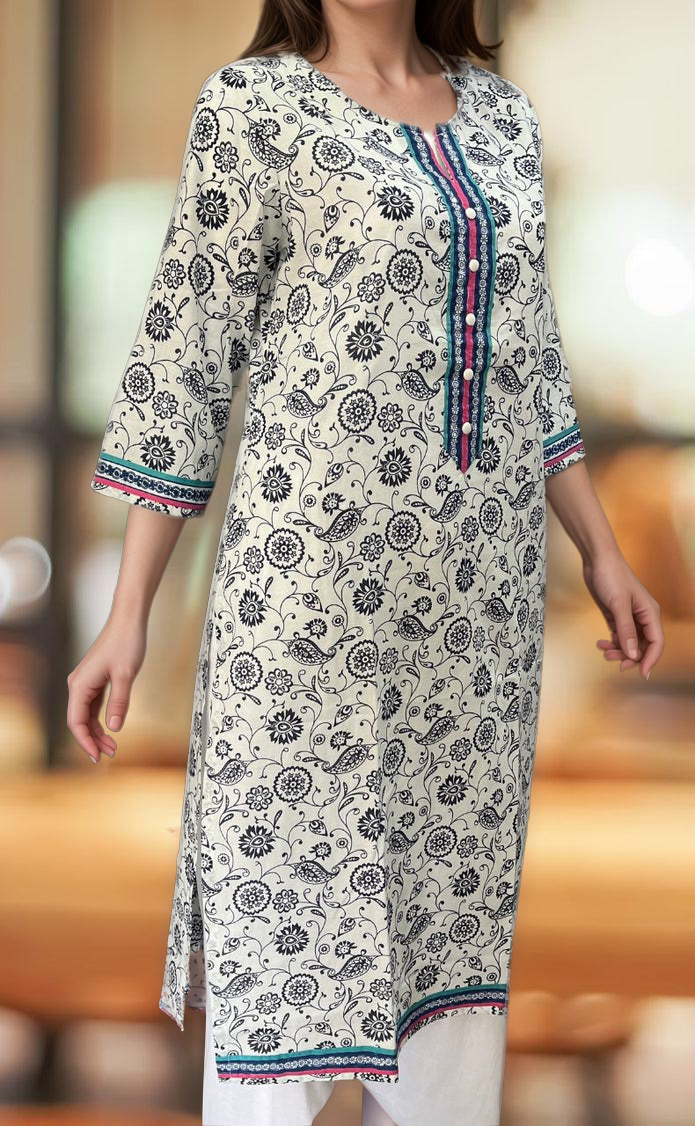 White/Navy Blue Garden Jaipuri Cotton Kurti. Pure Versatile Cotton. | Laces and Frills - Laces and Frills
