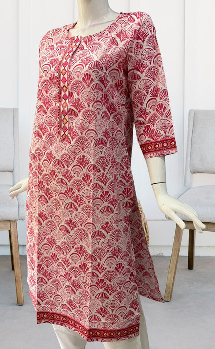 White/Pink Motif Jaipuri Cotton Kurti. Pure Versatile Cotton. | Laces and Frills - Laces and Frills