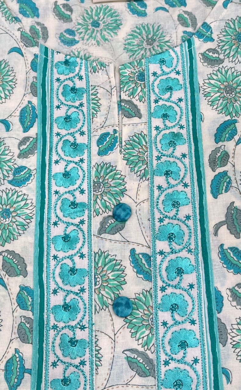 Off White/Sea Green Garden Jaipuri Cotton Kurti. Pure Versatile Cotton. | Laces and Frills - Laces and Frills