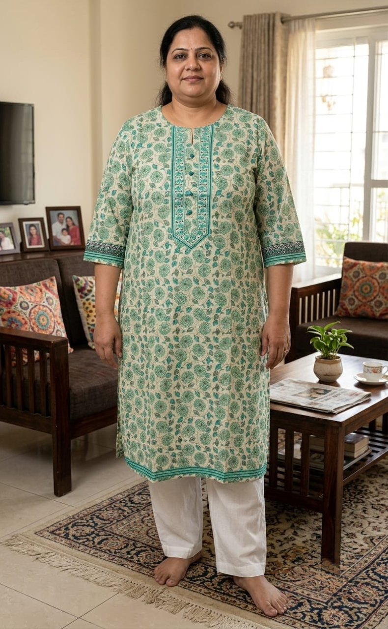 Off White/Sea Green Garden Jaipuri Cotton Kurti. Pure Versatile Cotton. | Laces and Frills