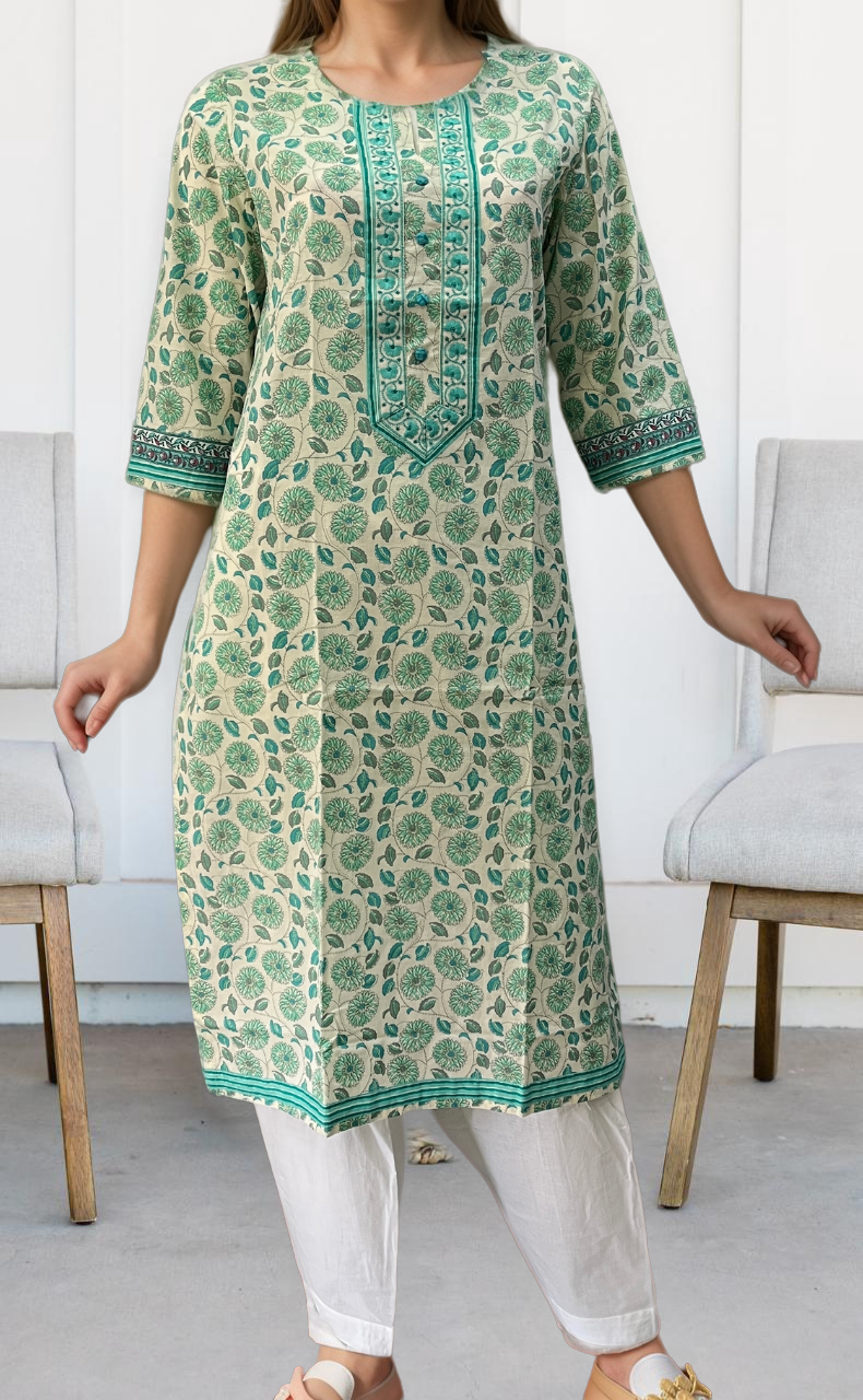 Off White/Sea Green Garden Jaipuri Cotton Kurti. Pure Versatile Cotton. | Laces and Frills - Laces and Frills