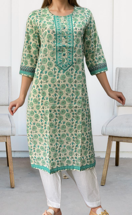 Off White/Sea Green Garden Jaipuri Cotton Kurti. Pure Versatile Cotton. | Laces and Frills - Laces and Frills
