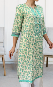 Off White/Sea Green Garden Jaipuri Cotton Kurti. Pure Versatile Cotton. | Laces and Frills - Laces and Frills