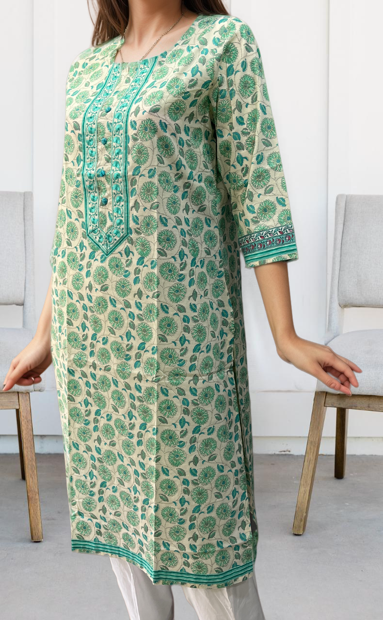 Off White/Sea Green Garden Jaipuri Cotton Kurti. Pure Versatile Cotton. | Laces and Frills - Laces and Frills
