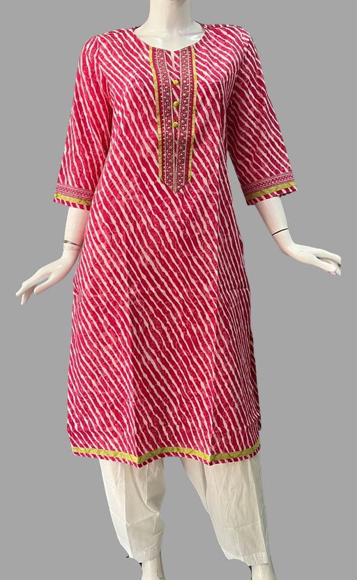 Rani Pink/White Stripes Jaipuri Cotton Kurti. Pure Versatile Cotton. | Laces and Frills - Laces and Frills