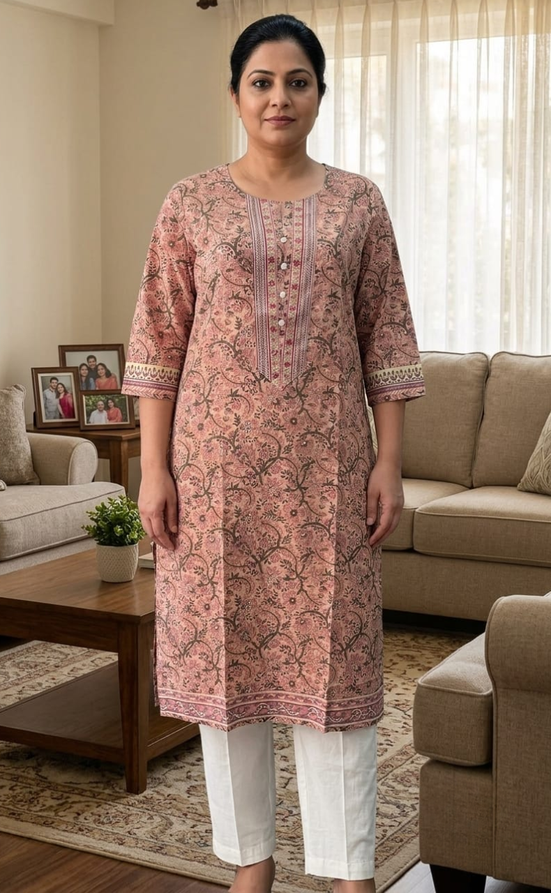 Light Pink Floral Jaipuri Cotton Kurti. Pure Versatile Cotton. | Laces and Frills