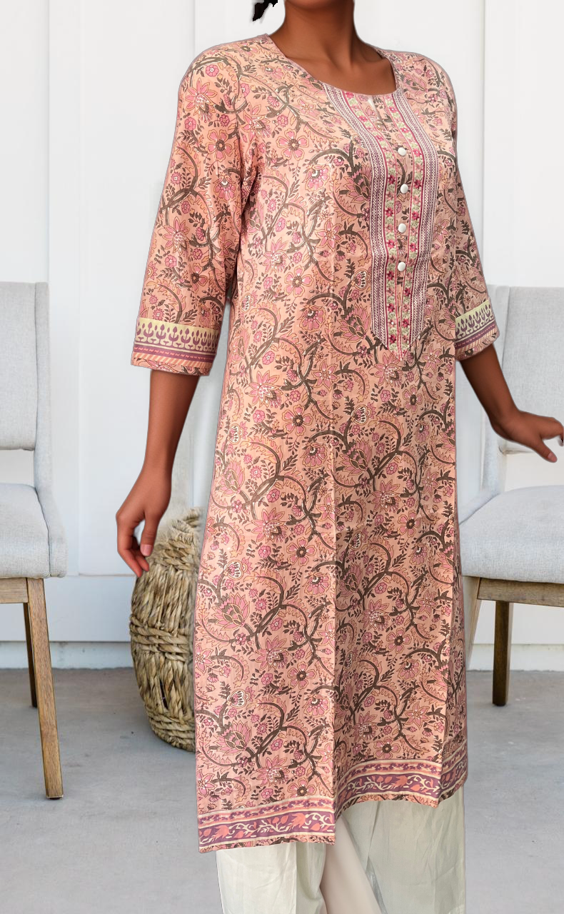 Light Pink Floral Jaipuri Cotton Kurti. Pure Versatile Cotton. | Laces and Frills - Laces and Frills