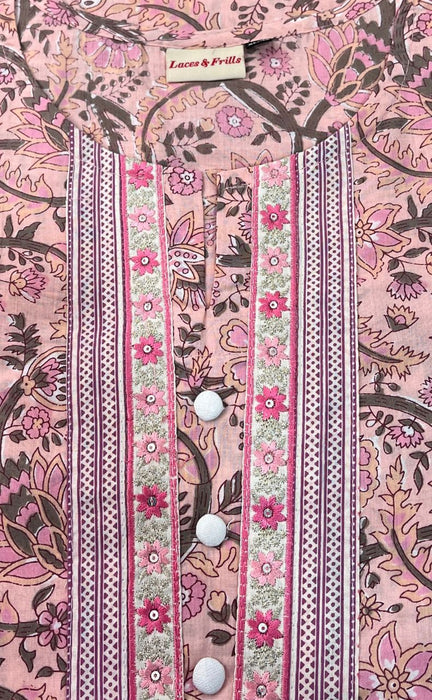 Light Pink Floral Jaipuri Cotton Kurti. Pure Versatile Cotton. | Laces and Frills - Laces and Frills