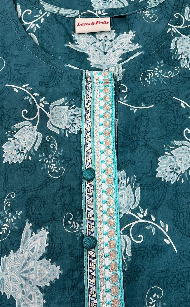 Teal Green Garden Jaipuri Cotton Kurti. Pure Versatile Cotton. | Laces and Frills - Laces and Frills