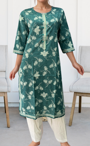 Teal Green Garden Jaipuri Cotton Kurti. Pure Versatile Cotton. | Laces and Frills - Laces and Frills