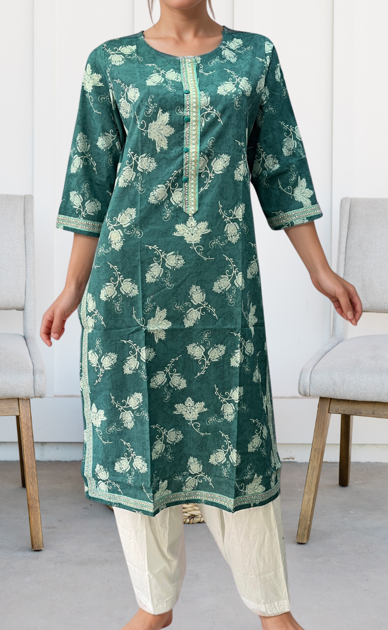 Teal Green Garden Jaipuri Cotton Kurti. Pure Versatile Cotton. | Laces and Frills - Laces and Frills