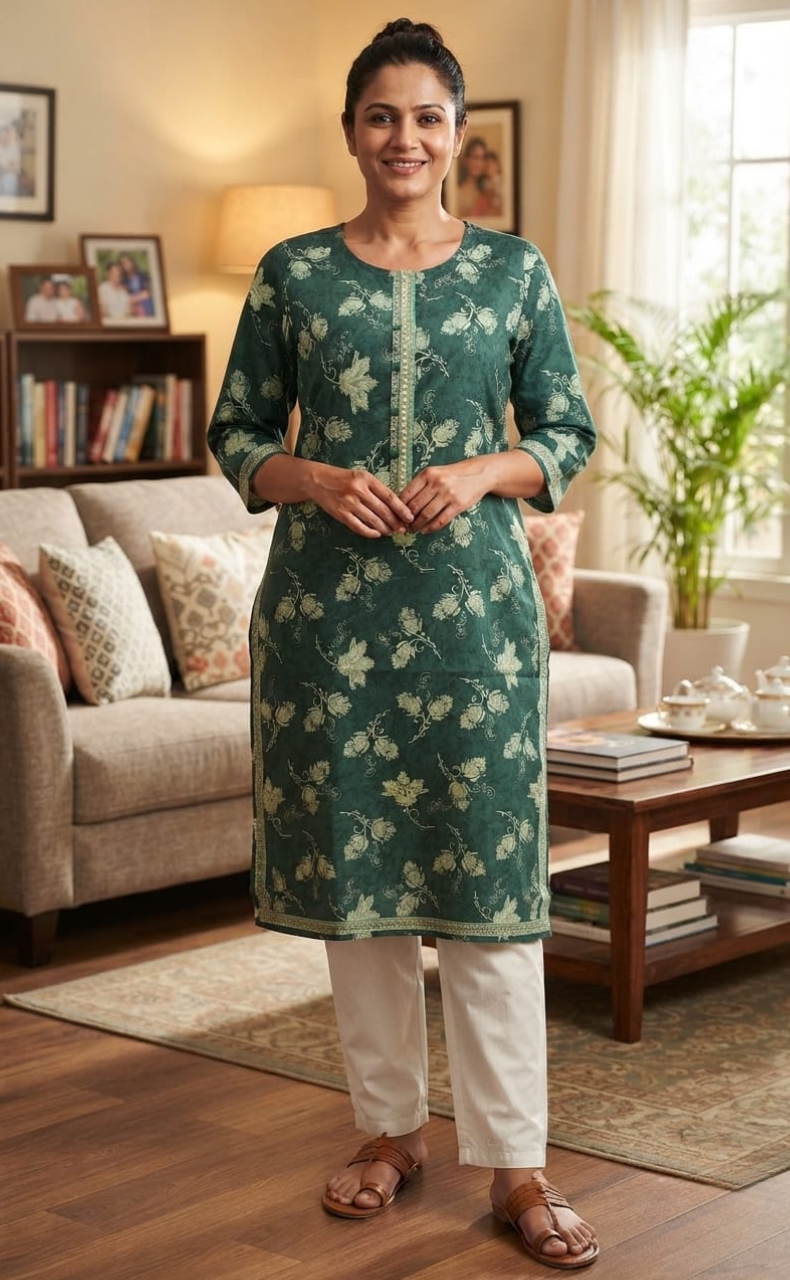 Teal Green Garden Jaipuri Cotton Kurti. Pure Versatile Cotton. | Laces and Frills