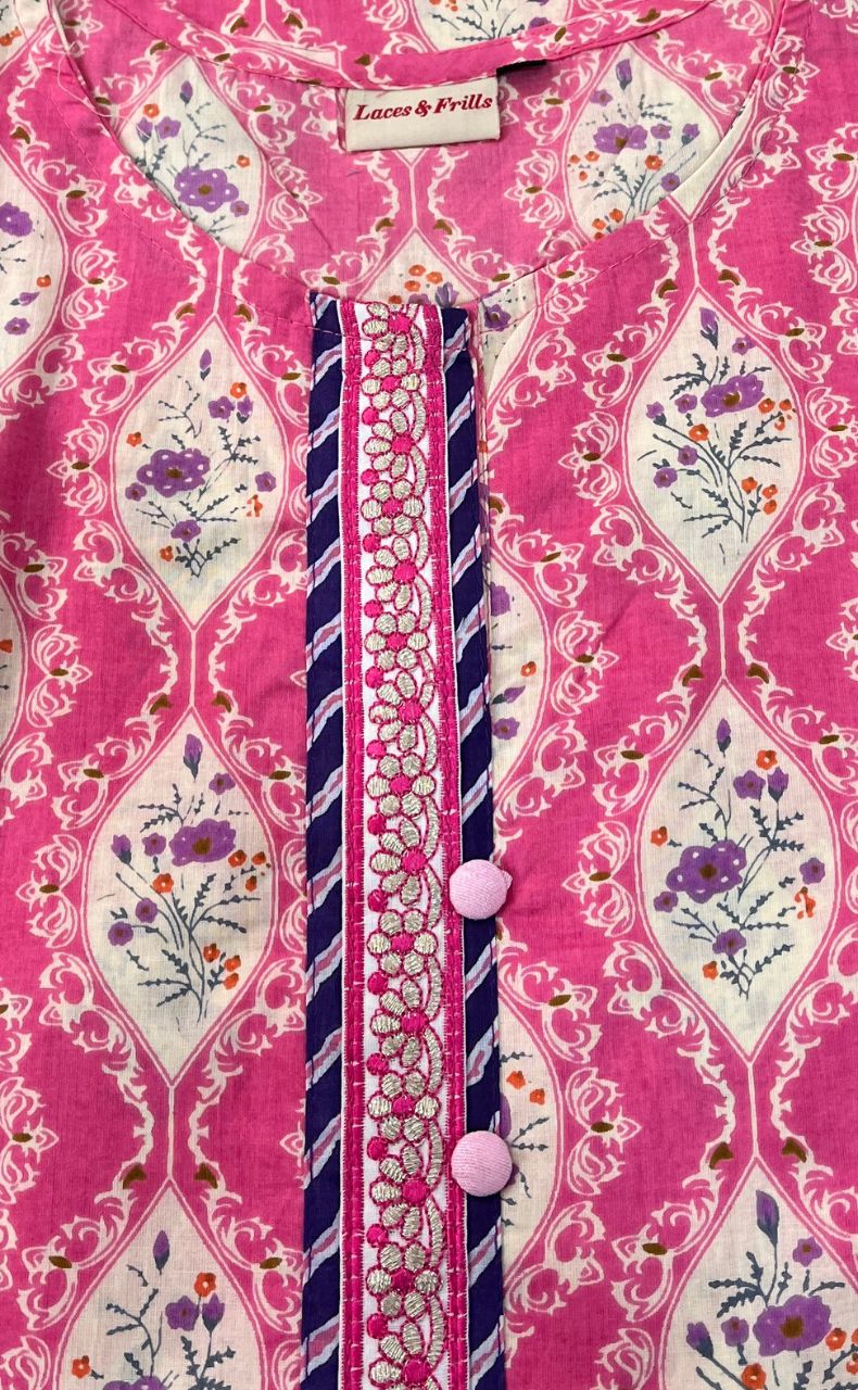 Pink Floral Jaipuri Cotton Kurti. Pure Versatile Cotton. | Laces and Frills - Laces and Frills