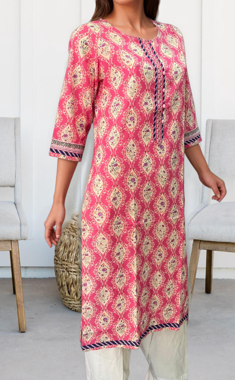 Pink Floral Jaipuri Cotton Kurti. Pure Versatile Cotton. | Laces and Frills - Laces and Frills