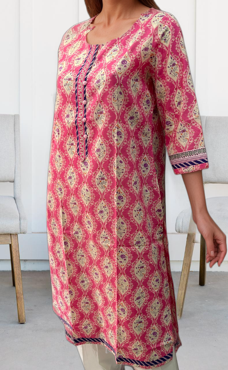 Pink Floral Jaipuri Cotton Kurti. Pure Versatile Cotton. | Laces and Frills - Laces and Frills