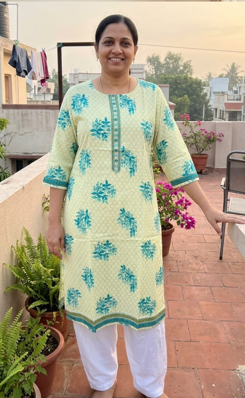 Off White/Sea Green Floral Jaipuri Cotton Kurti. Pure Versatile Cotton. | Laces and Frills