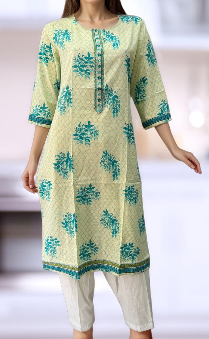 White & Teal Floral Jaipur Cotton Kurti Set – EC069
