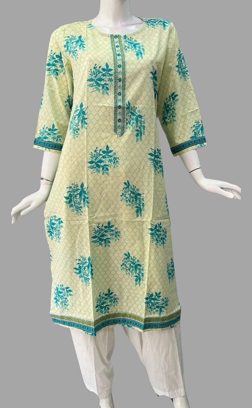 Off White/Sea Green Floral Jaipuri Cotton Kurti. Pure Versatile Cotton. | Laces and Frills - Laces and Frills