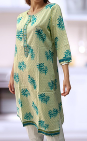 Off White/Sea Green Floral Jaipuri Cotton Kurti. Pure Versatile Cotton. | Laces and Frills - Laces and Frills