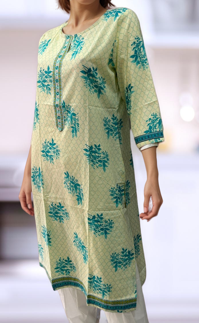 Off White/Sea Green Floral Jaipuri Cotton Kurti. Pure Versatile Cotton. | Laces and Frills - Laces and Frills