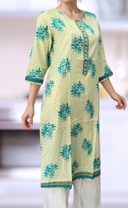 Off White/Sea Green Floral Jaipuri Cotton Kurti. Pure Versatile Cotton. | Laces and Frills - Laces and Frills