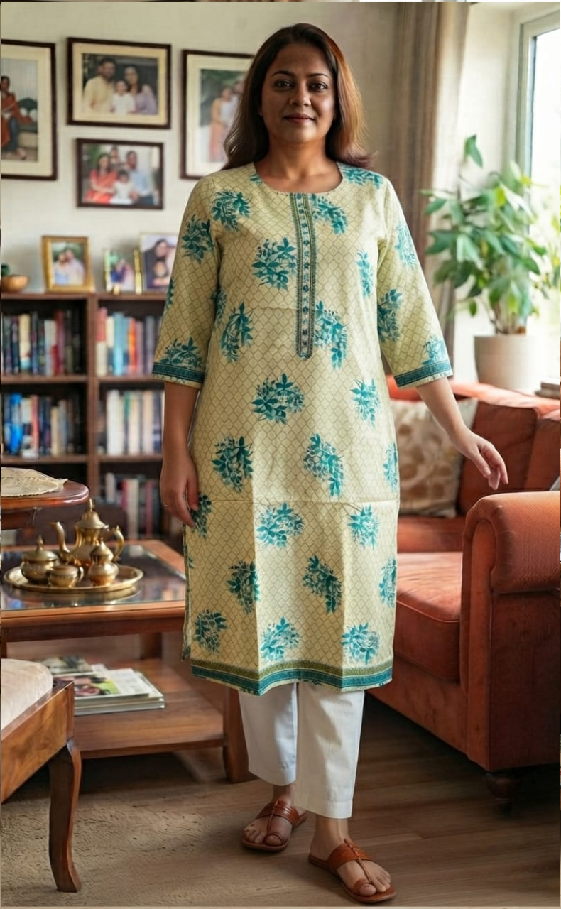 Off White/Sea Green Floral Jaipuri Cotton Kurti. Pure Versatile Cotton. | Laces and Frills