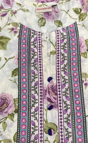 Off White/Lavender Garden Jaipuri Cotton Kurti. Pure Versatile Cotton. | Laces and Frills - Laces and Frills