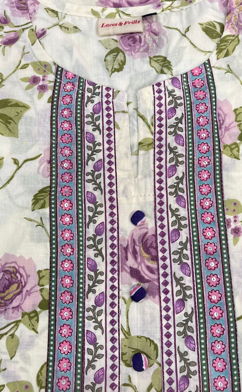 Off White/Lavender Garden Jaipuri Cotton Kurti. Pure Versatile Cotton. | Laces and Frills - Laces and Frills