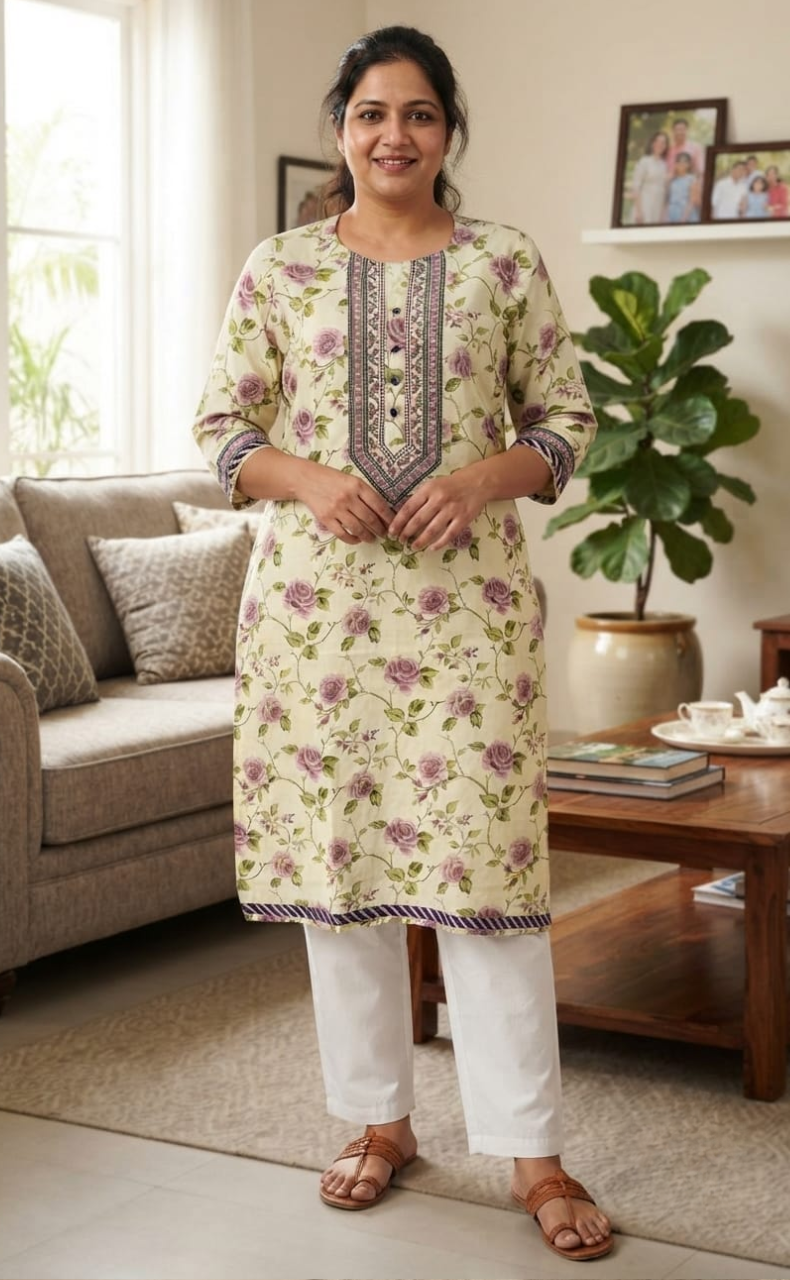 Off White/Lavender Garden Jaipuri Cotton Kurti. Pure Versatile Cotton. | Laces and Frills