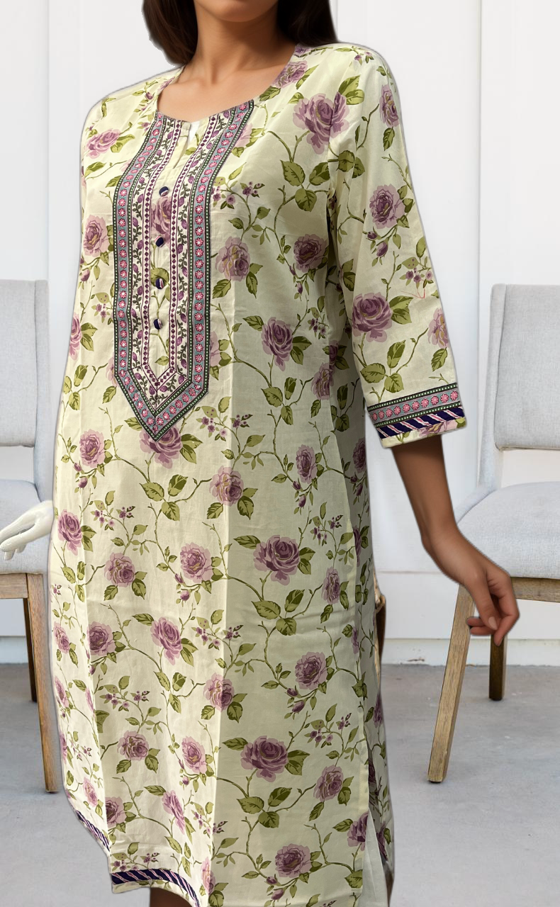 Off White/Lavender Garden Jaipuri Cotton Kurti. Pure Versatile Cotton. | Laces and Frills - Laces and Frills